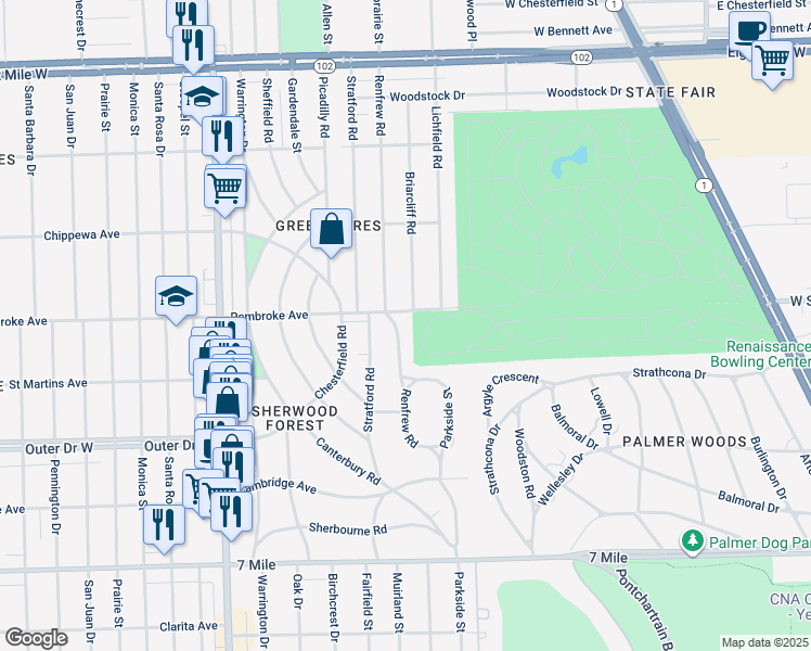 map of restaurants, bars, coffee shops, grocery stores, and more near 19630 Renfrew Road in Detroit