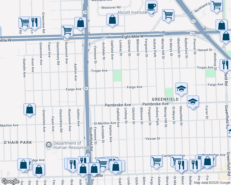 map of restaurants, bars, coffee shops, grocery stores, and more near 19930 Oakfield Avenue in Detroit