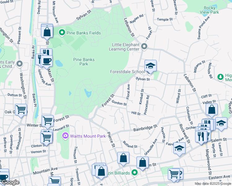 map of restaurants, bars, coffee shops, grocery stores, and more near 31 Huntley Street in Malden