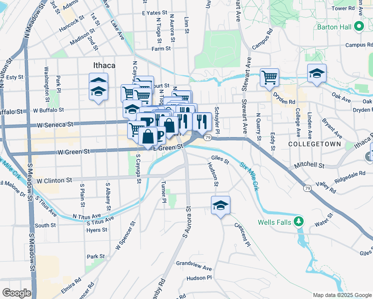map of restaurants, bars, coffee shops, grocery stores, and more near 143 South Aurora Street in Ithaca
