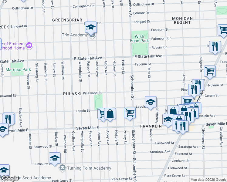map of restaurants, bars, coffee shops, grocery stores, and more near 19366 Hickory Street in Detroit