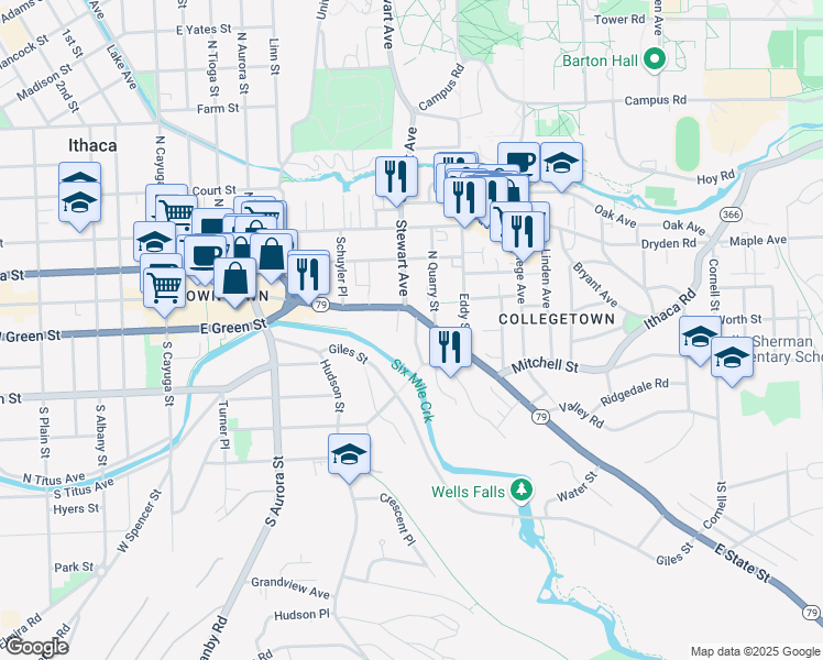 map of restaurants, bars, coffee shops, grocery stores, and more near 108 Ferris Place in Ithaca