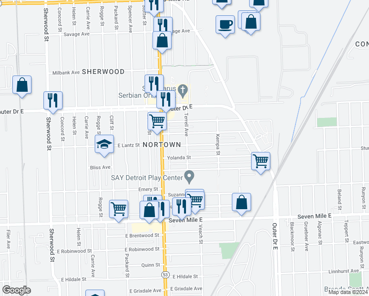 map of restaurants, bars, coffee shops, grocery stores, and more near 8107 Yolanda Street in Detroit