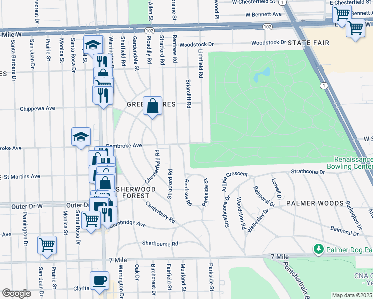 map of restaurants, bars, coffee shops, grocery stores, and more near 19630 Renfrew Road in Detroit