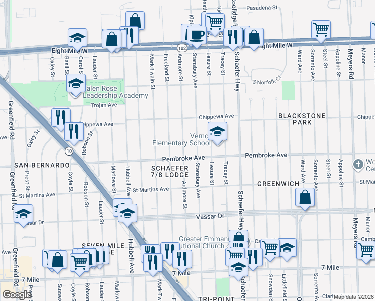 map of restaurants, bars, coffee shops, grocery stores, and more near 19816 Ardmore Street in Detroit