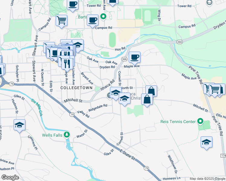 map of restaurants, bars, coffee shops, grocery stores, and more near 109 Elmwood Avenue in Ithaca