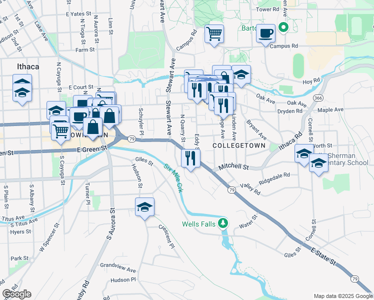 map of restaurants, bars, coffee shops, grocery stores, and more near 704 East State Street in Ithaca