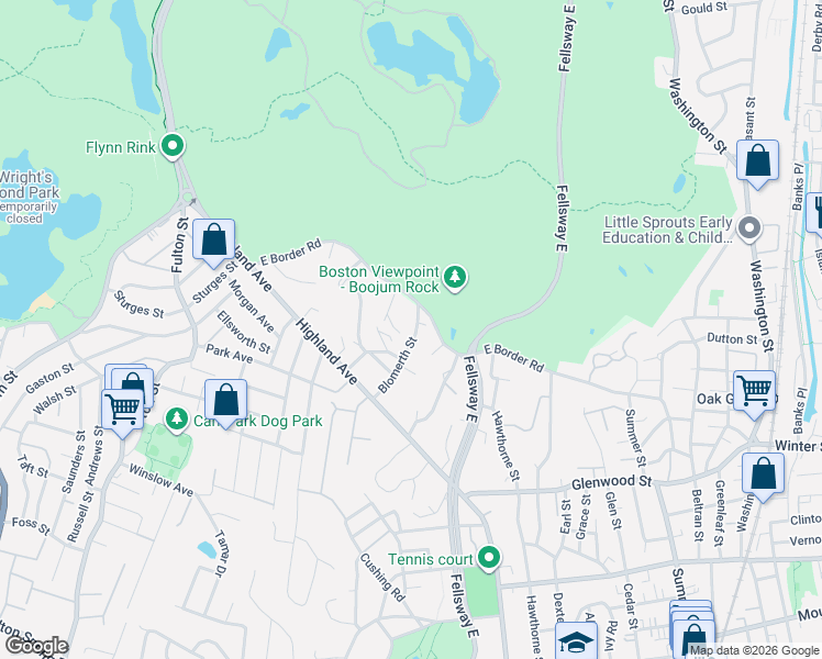 map of restaurants, bars, coffee shops, grocery stores, and more near 59 Blomerth Street in Malden