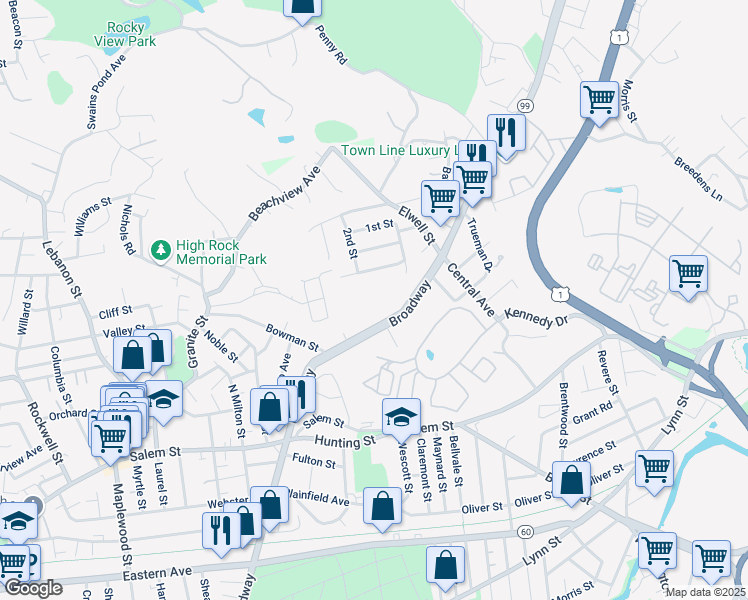 map of restaurants, bars, coffee shops, grocery stores, and more near 500 Broadway in Malden