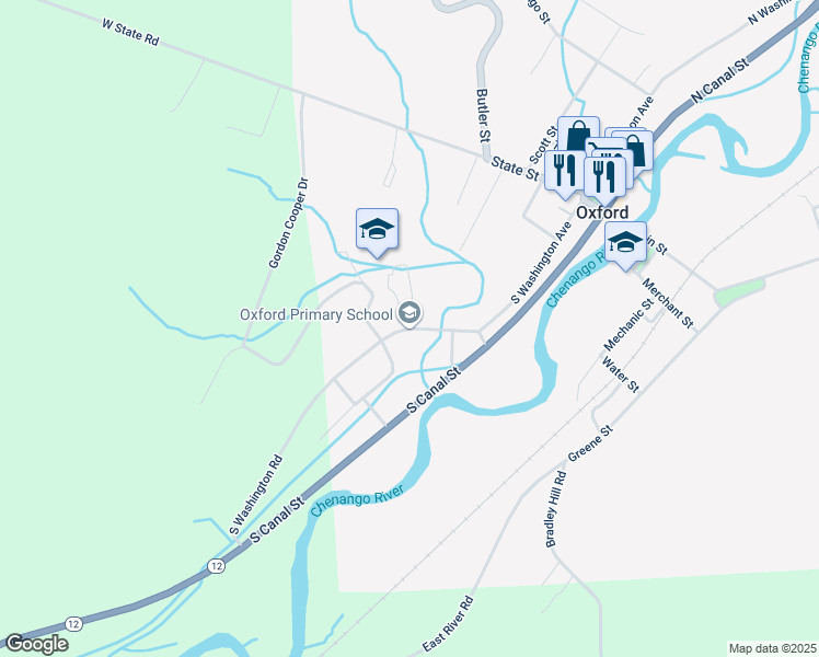map of restaurants, bars, coffee shops, grocery stores, and more near 50 South Washington Avenue in Oxford