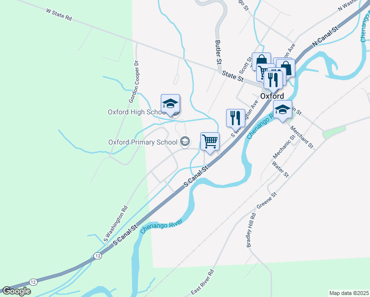 map of restaurants, bars, coffee shops, grocery stores, and more near 50 South Washington Avenue in Oxford