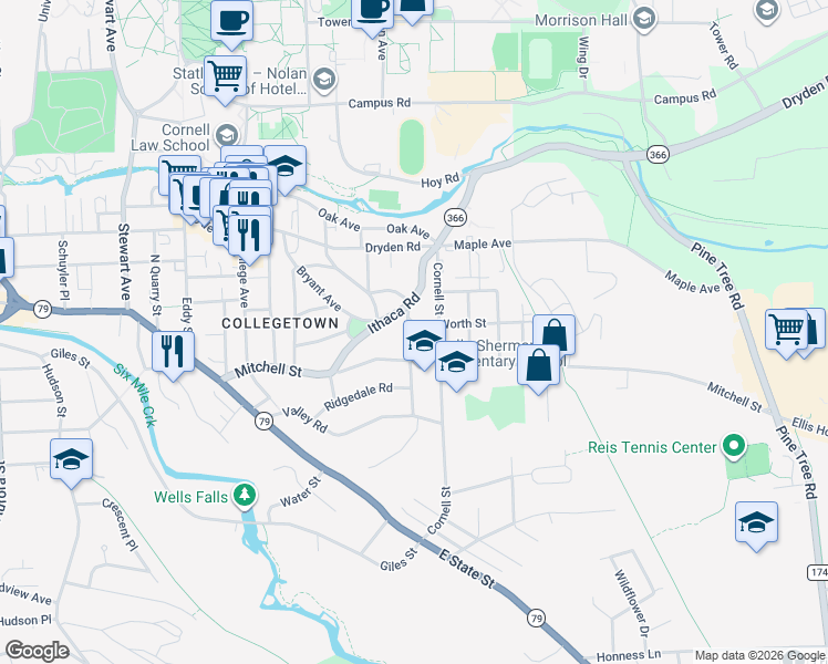 map of restaurants, bars, coffee shops, grocery stores, and more near 105 Worth Street in Ithaca