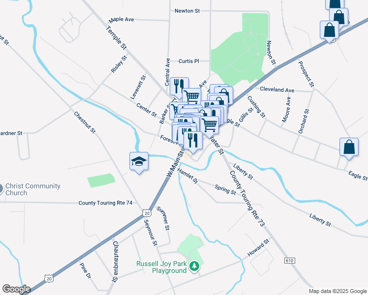 map of restaurants, bars, coffee shops, grocery stores, and more near 59 West Main Street in Fredonia