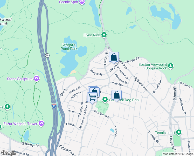 map of restaurants, bars, coffee shops, grocery stores, and more near 158 Walsh Street in Medford