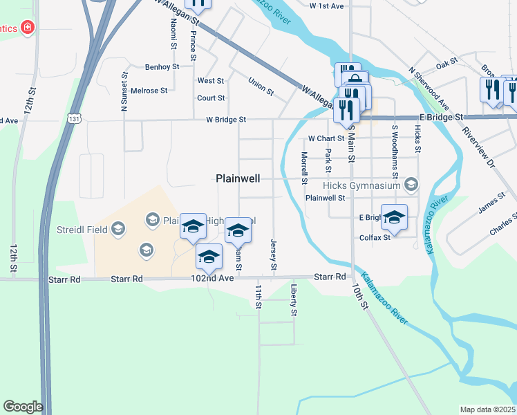 map of restaurants, bars, coffee shops, grocery stores, and more near 610 Jersey Street in Plainwell