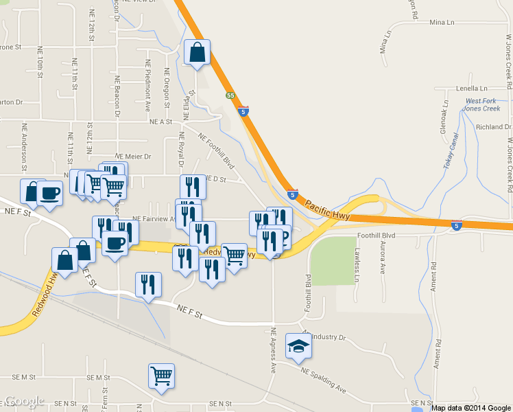 map of restaurants, bars, coffee shops, grocery stores, and more near 2175 Northeast Fairview Avenue in Grants Pass