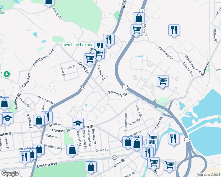map of restaurants, bars, coffee shops, grocery stores, and more near in Malden
