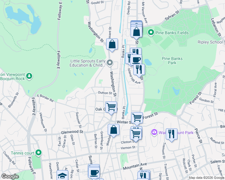 map of restaurants, bars, coffee shops, grocery stores, and more near 17 Lyle Terrace in Malden