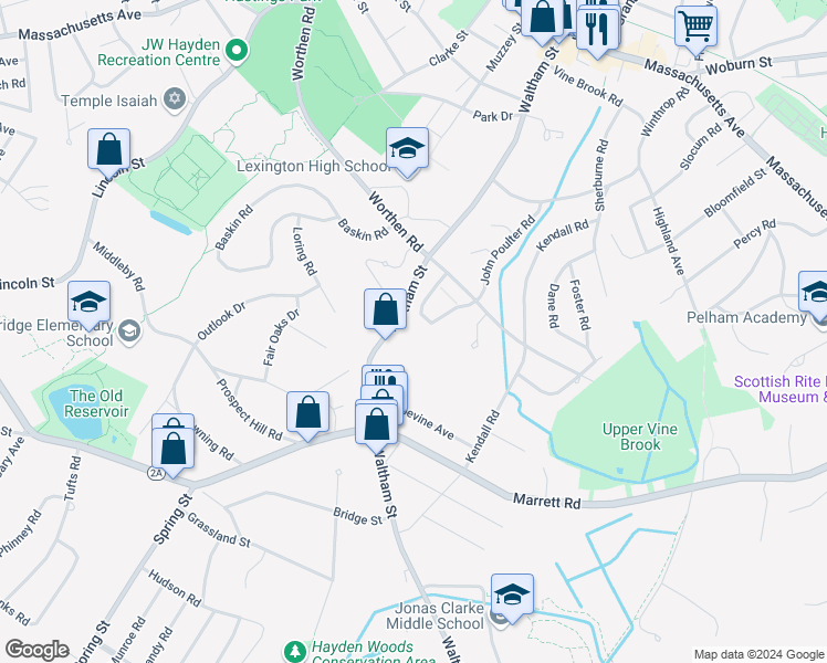 map of restaurants, bars, coffee shops, grocery stores, and more near 312 Waltham Street in Lexington