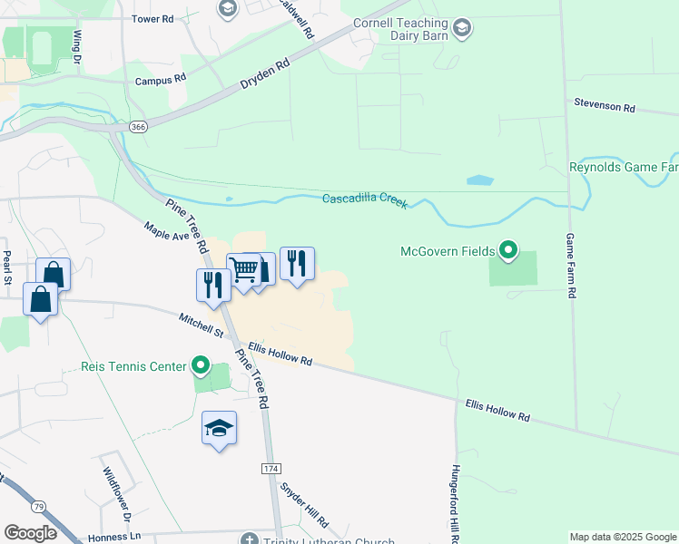 map of restaurants, bars, coffee shops, grocery stores, and more near 204 Summerhill Drive in Ithaca