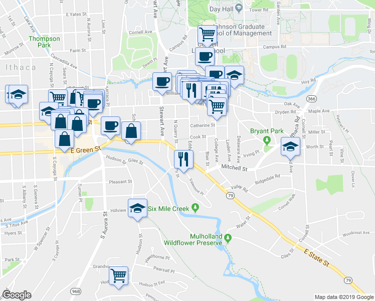map of restaurants, bars, coffee shops, grocery stores, and more near 707 East State Street in Ithaca