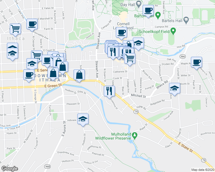 map of restaurants, bars, coffee shops, grocery stores, and more near 707 East State Street in Ithaca