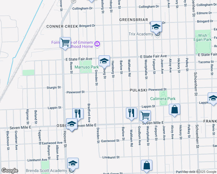 map of restaurants, bars, coffee shops, grocery stores, and more near 19409 Hamburg Street in Detroit