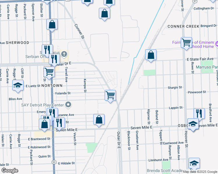 map of restaurants, bars, coffee shops, grocery stores, and more near 5063 Outer Drive East in Detroit