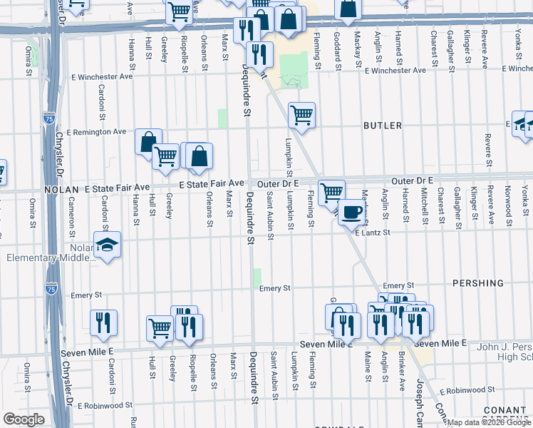 map of restaurants, bars, coffee shops, grocery stores, and more near 19615 Saint Aubin Street in Detroit