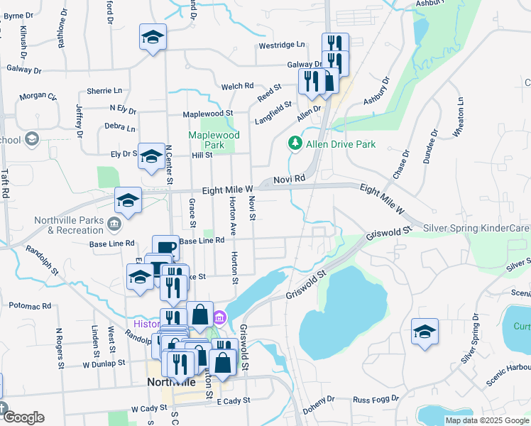 map of restaurants, bars, coffee shops, grocery stores, and more near 43796 Park Grove Court in Northville