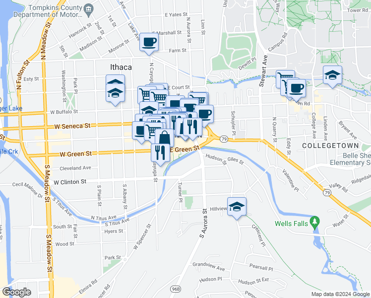 map of restaurants, bars, coffee shops, grocery stores, and more near 120 East Green Street in Ithaca