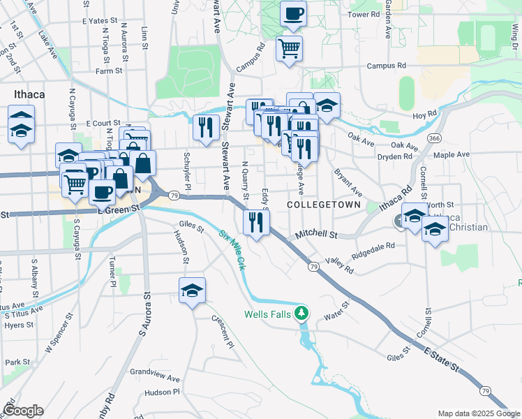 map of restaurants, bars, coffee shops, grocery stores, and more near 114 Eddy Street in Ithaca