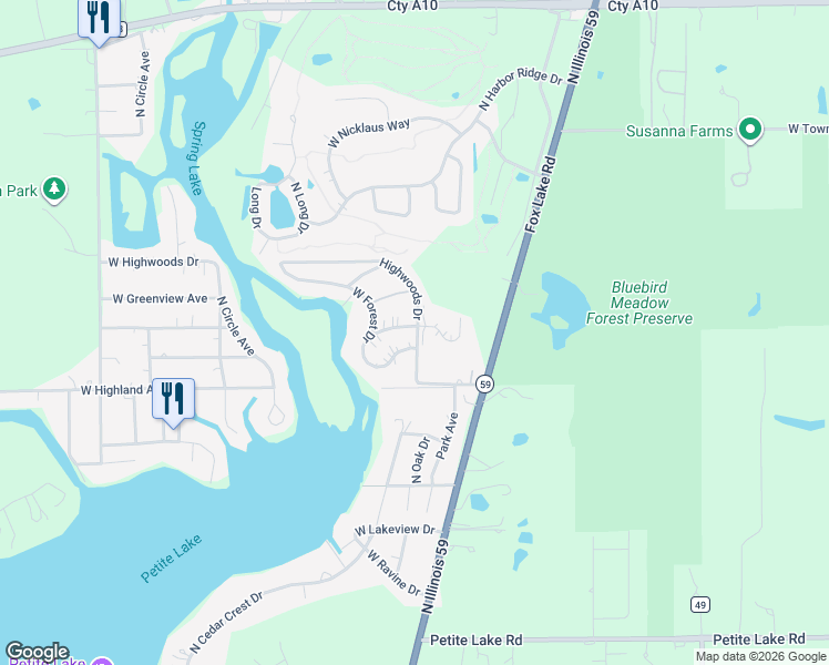 map of restaurants, bars, coffee shops, grocery stores, and more near 24829 West Highwoods Drive in Lake Villa