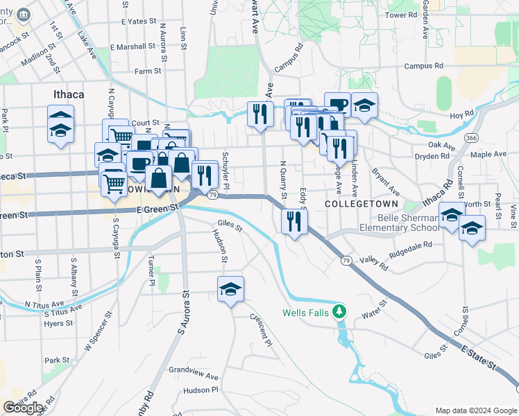 map of restaurants, bars, coffee shops, grocery stores, and more near 108 Elston Place in Ithaca