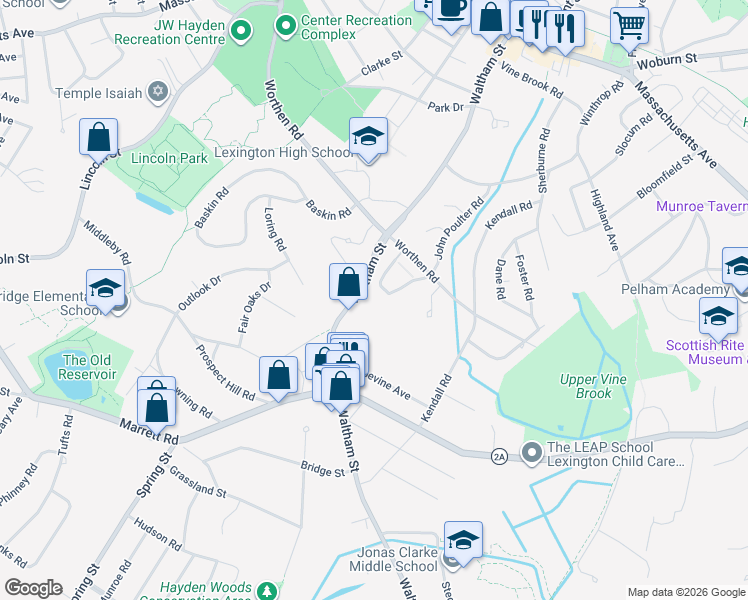 map of restaurants, bars, coffee shops, grocery stores, and more near 312 Waltham Street in Lexington