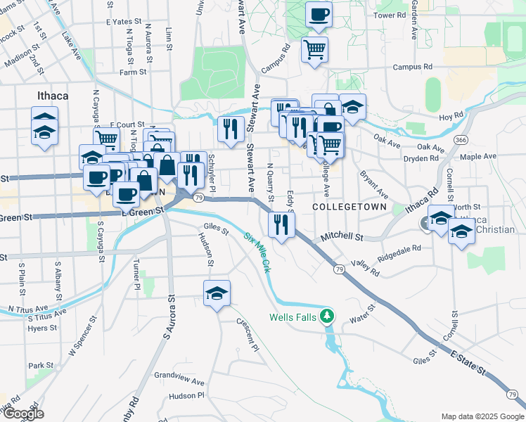 map of restaurants, bars, coffee shops, grocery stores, and more near 609 East State Street in Ithaca