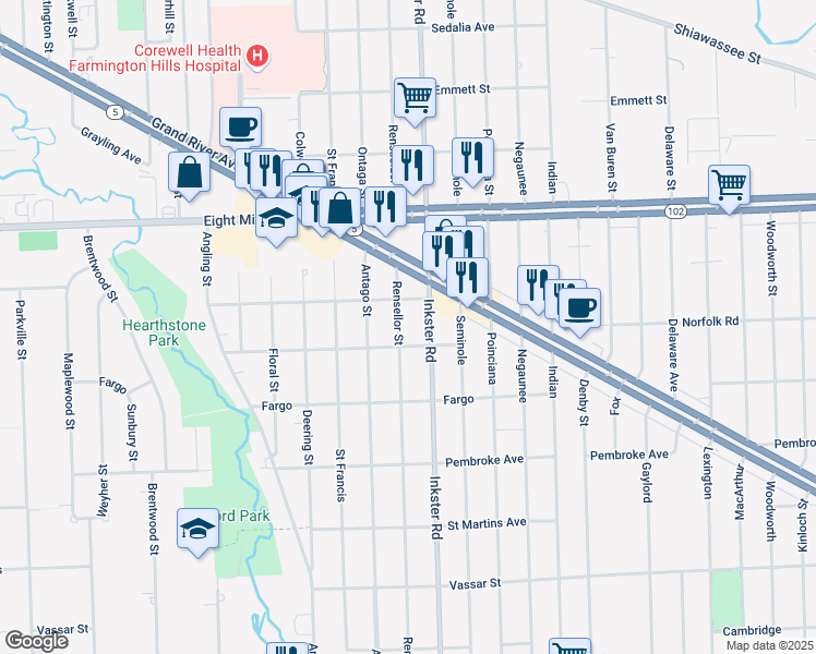 map of restaurants, bars, coffee shops, grocery stores, and more near 27423 Long Street in Livonia