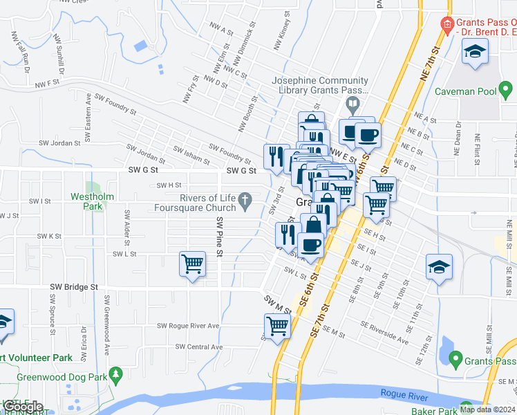map of restaurants, bars, coffee shops, grocery stores, and more near 423 Southwest I Street in Grants Pass