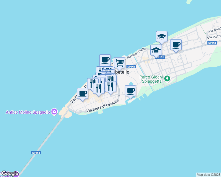 map of restaurants, bars, coffee shops, grocery stores, and more near 2 Via Veneto in Orbetello