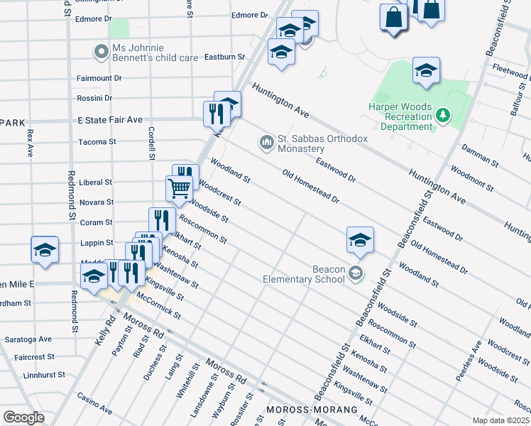 map of restaurants, bars, coffee shops, grocery stores, and more near 18913 Woodcrest Street in Harper Woods
