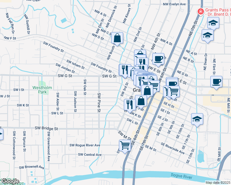 map of restaurants, bars, coffee shops, grocery stores, and more near 443 Southwest H Street in Grants Pass