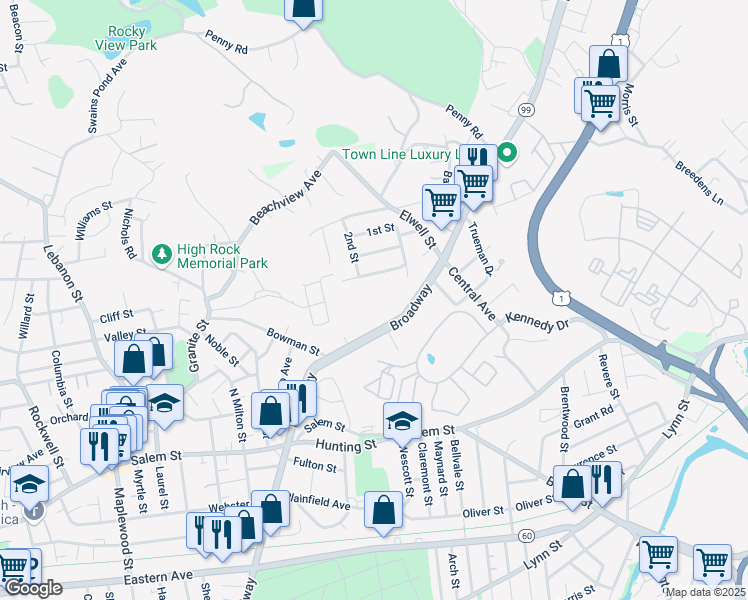 map of restaurants, bars, coffee shops, grocery stores, and more near 500 Broadway in Malden