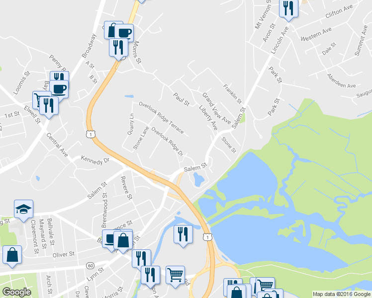 map of restaurants, bars, coffee shops, grocery stores, and more near Overlook Ridge Drive in Revere