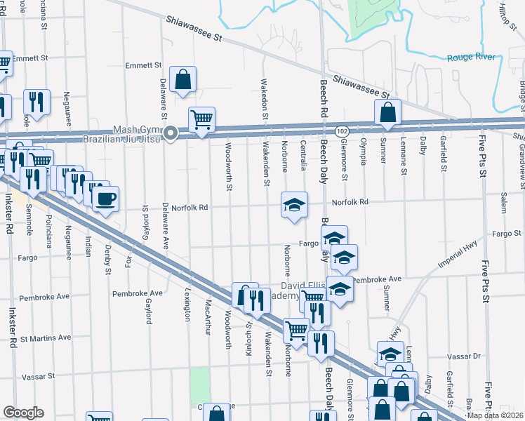 map of restaurants, bars, coffee shops, grocery stores, and more near 20427 Wakenden Street in Redford Charter Township