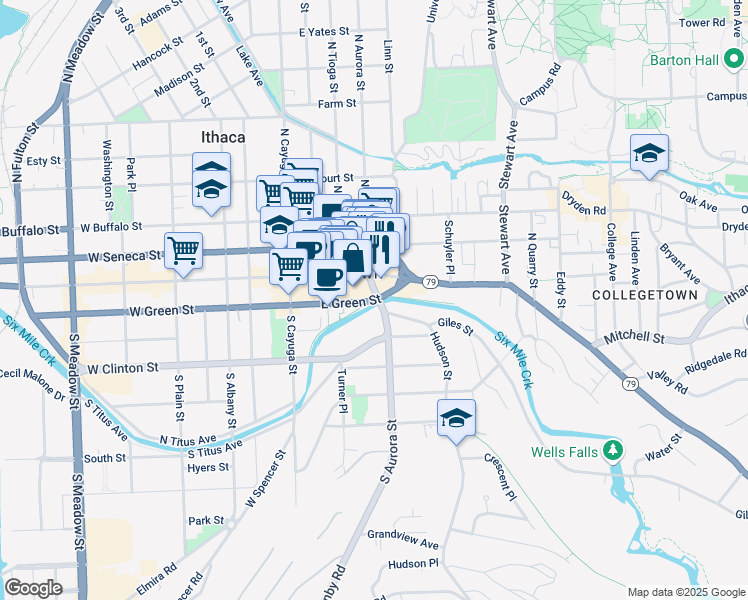 map of restaurants, bars, coffee shops, grocery stores, and more near 206 East Green Street in Ithaca