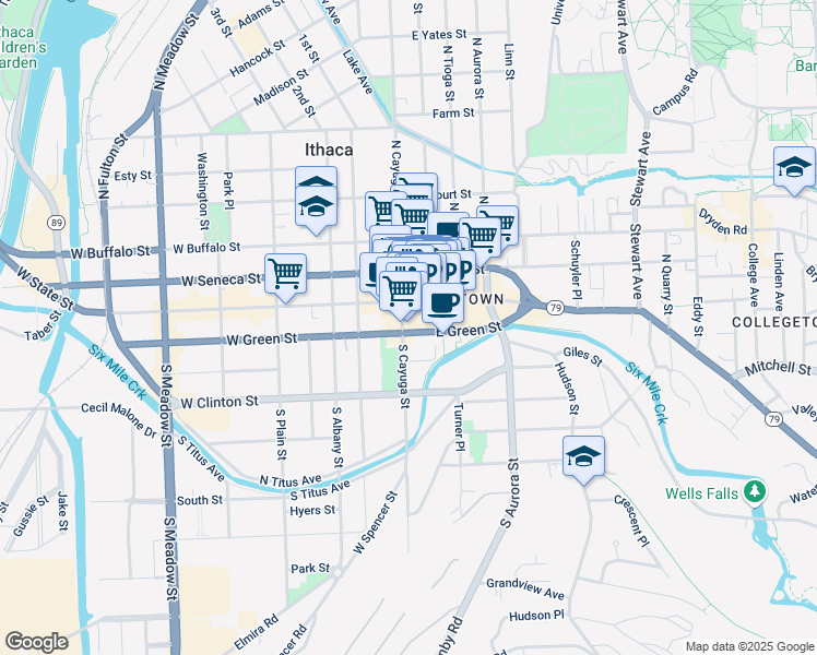 map of restaurants, bars, coffee shops, grocery stores, and more near 123 South Cayuga Street in Ithaca