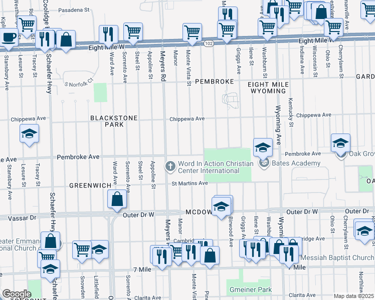 map of restaurants, bars, coffee shops, grocery stores, and more near 19961 Monte Vista Street in Detroit