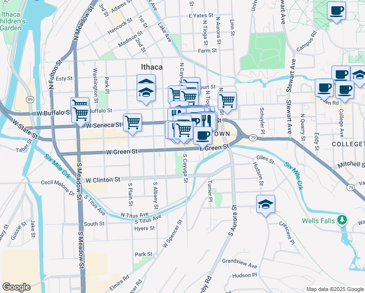 map of restaurants, bars, coffee shops, grocery stores, and more near in Ithaca