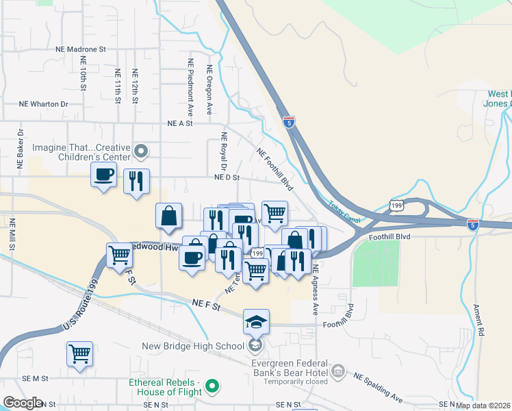 map of restaurants, bars, coffee shops, grocery stores, and more near 2001 Northeast D Street in Grants Pass