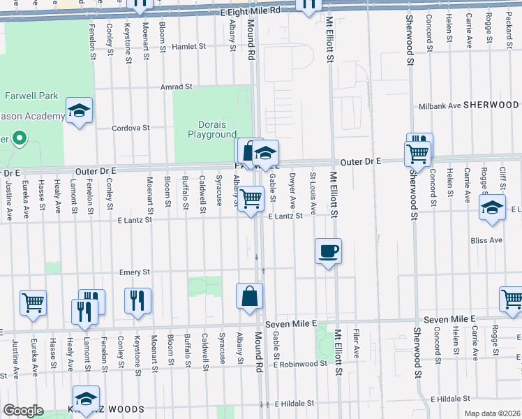 map of restaurants, bars, coffee shops, grocery stores, and more near 19645 Mound Road in Detroit
